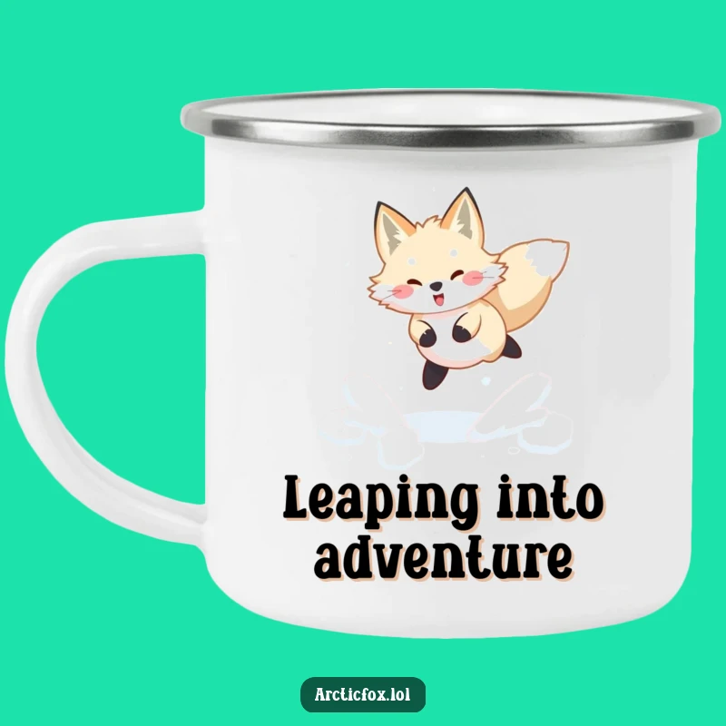 Funny Arctic Fox Camping Mug: Joyful Snow Leap, Winter Adventures