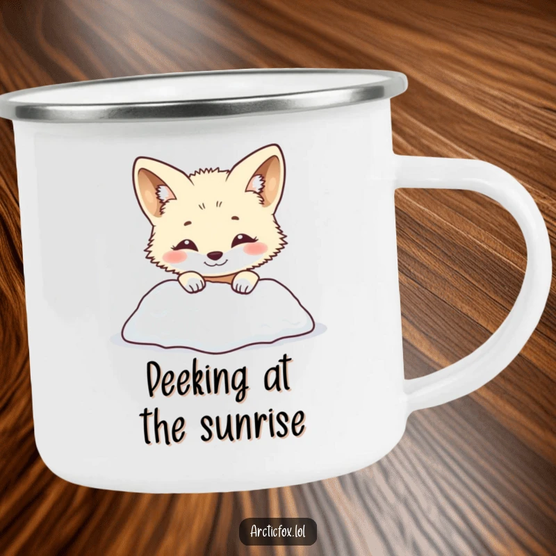 Funny arctic fox camping mug showing a smiling creature playfully peeking from behind a snowy mound. Cute and humorous drinkware for outdoor fun, great funny gift.