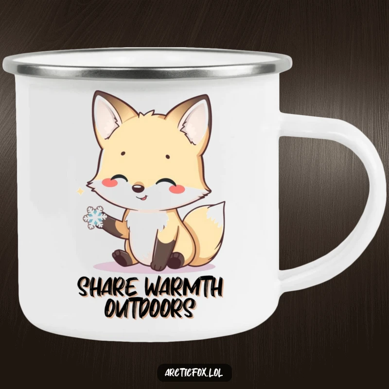 Funny camping mug depicting a smiling arctic fox offering its paw in a friendly gesture to a tiny snowflake.