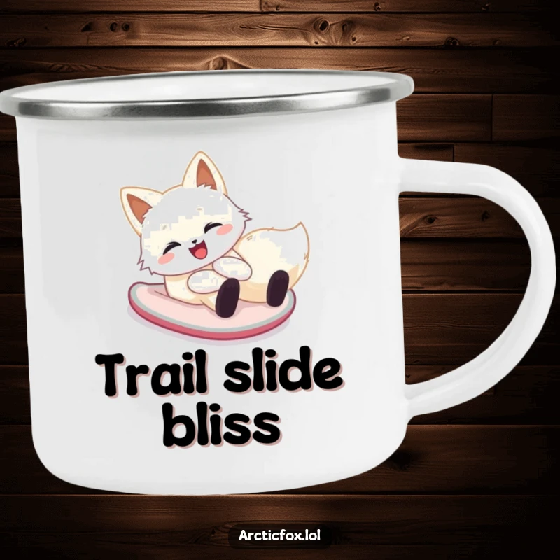Funny arctic fox camping mug showcasing a happy creature sliding down a snowy hill on its belly, perfect for cheerful outdoor moments.