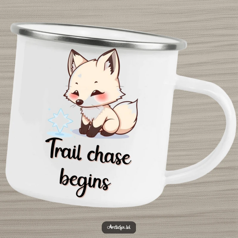 Funny Arctic fox camping mug, playfully chasing snowflake, outdoor winter fun, durable and cheerful, a great funny gift.