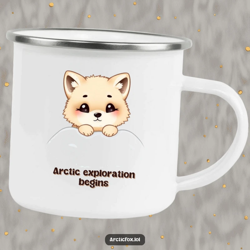 Funny camping mug showing a chubby Arctic fox curiously peeking from a snowdrift, ready for outdoor brews and adventures.