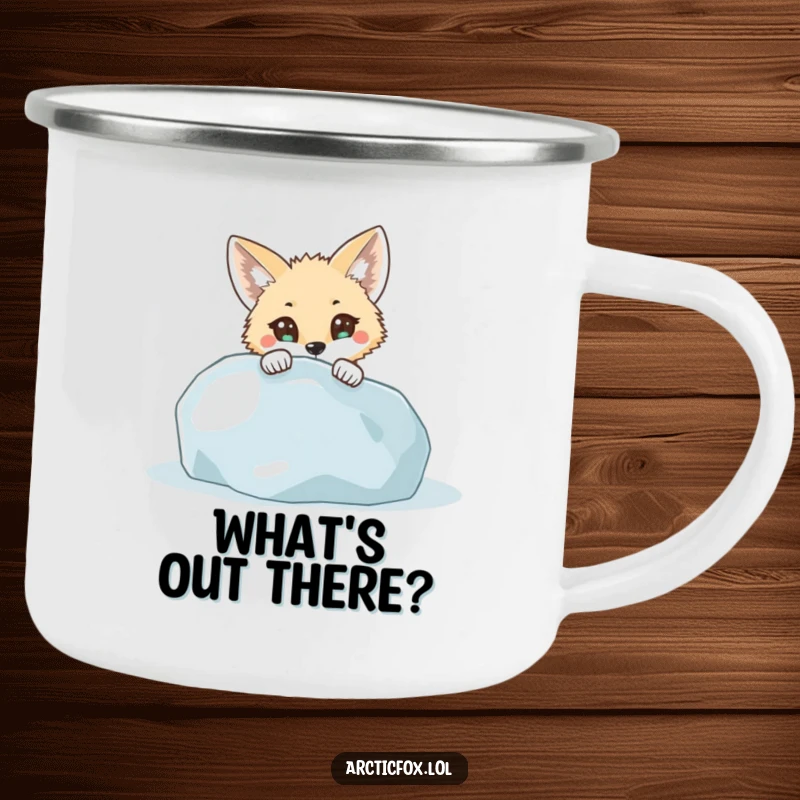 Funny Camping Mug: A curious arctic fox with wide eyes peeks from behind an icy boulder, ready for outdoor adventures and laughs.