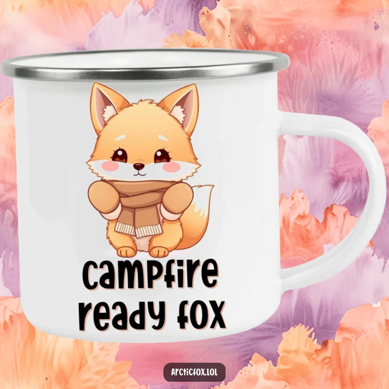 Funny Fluffy Fox Camping Mug depicting a cute fox character in cozy mittens and a scarf, perfect for outdoor enthusiasts seeking winter charm.