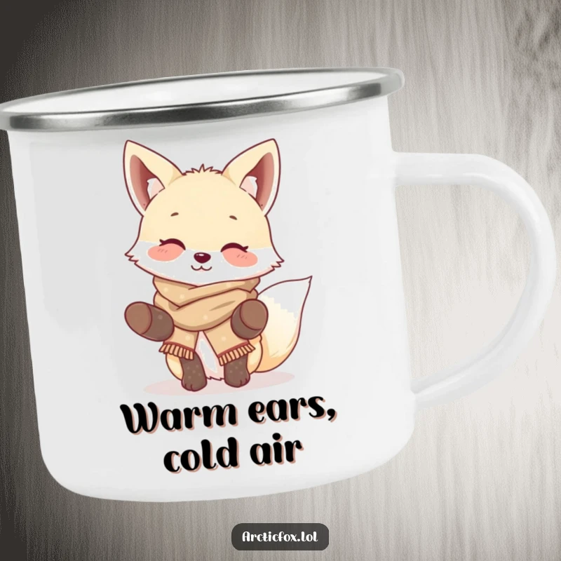 Funny Giggling Fox Camping Mug: Features a cute arctic fox in winter gear, perfect for outdoor adventures, a funny gift.