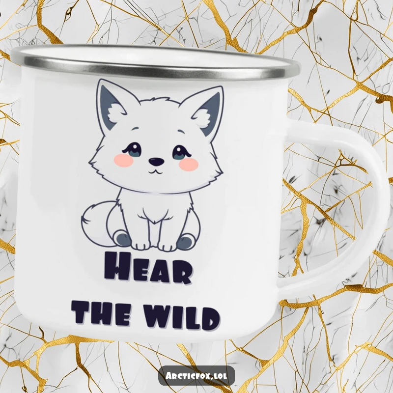Funny Kawaii Arctic Fox Camping Mug: A cute Arctic fox with ears perked, listening intently, perfect for enjoying drinks outdoors.