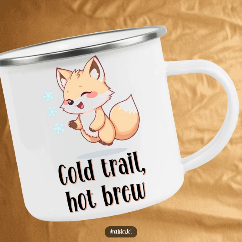 Funny Kawaii Arctic Fox Camping Mug, joyfully chasing a swirling snowflake, durable enamel cup, humorous arctic animal design, excellent funny gift for outdoors