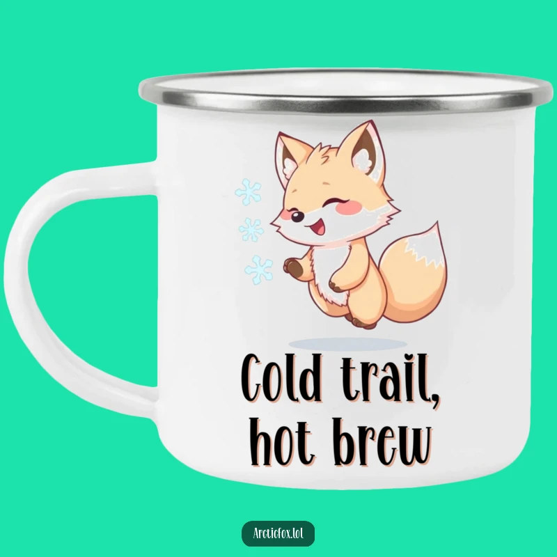 Funny Kawaii Arctic Fox Camping Mug, Snowflake Chase Adventure Cup, Humorous Outdoor Gift