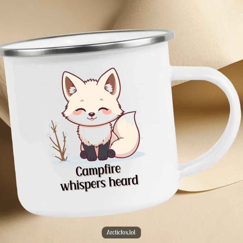 Funny Kawaii arctic fox with perked ears, listening, a durable and humorous camping mug.