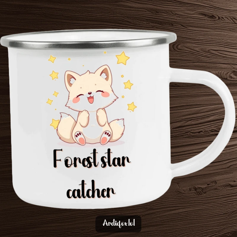 Funny Kawaii arctic fox catching falling stars, a durable and humorous camping mug.