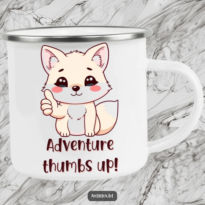Funny kawaii arctic fox giving a cheerful thumbs up with its paw, on a rugged and portable camping mug.