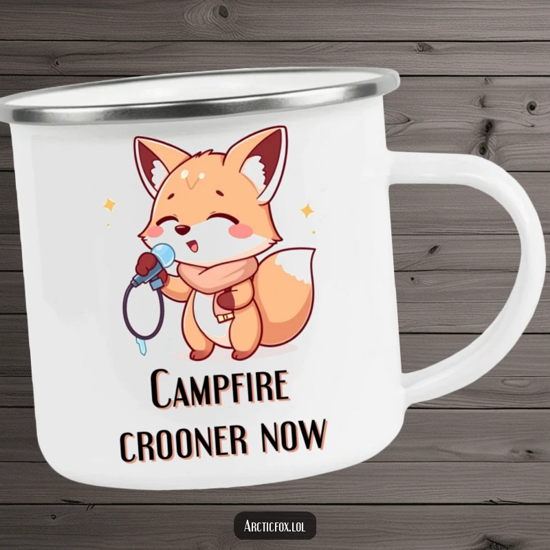 Funny Camping Mug: A fox singing into an icicle microphone, perfect for outdoor performances and musical enjoyment.