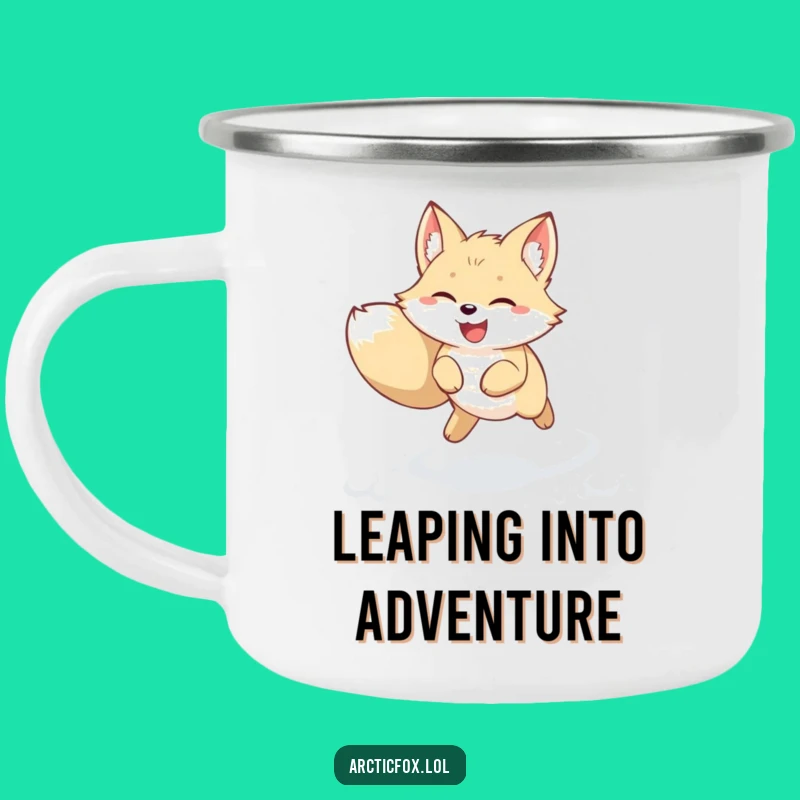 Funny Kawaii Arctic Fox Camping Mug: Joyful Snow Leap – Adventure Funny Gift