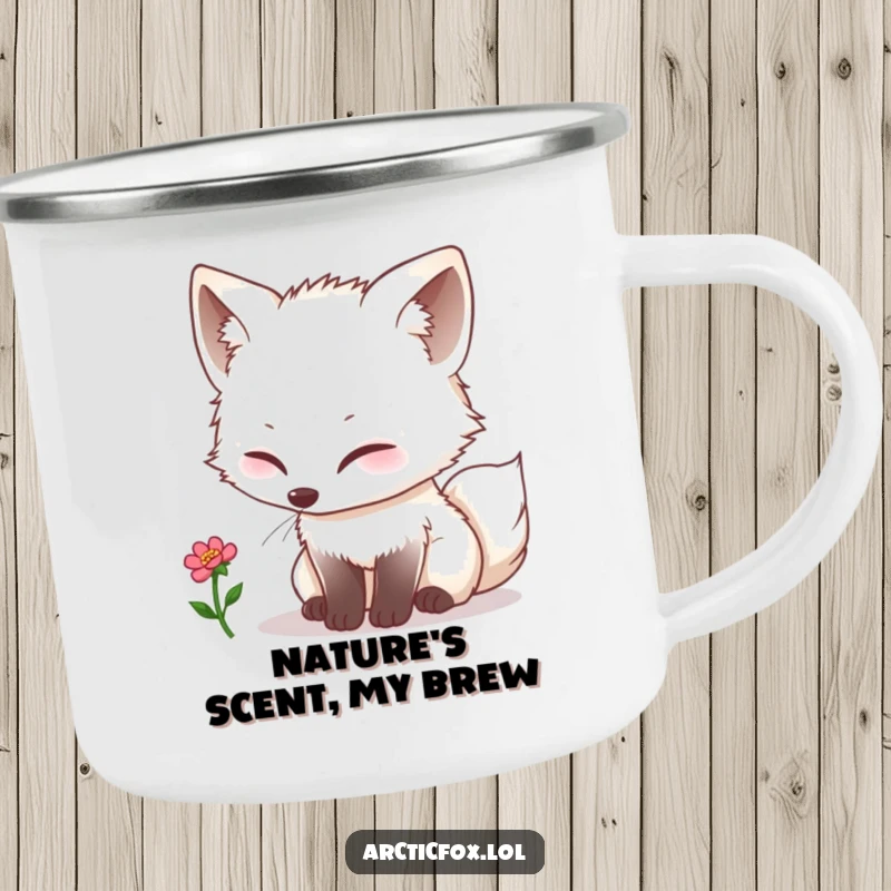 Funny kawaii arctic fox curiously sniffing a tiny single bloom, on a rugged and portable camping mug.