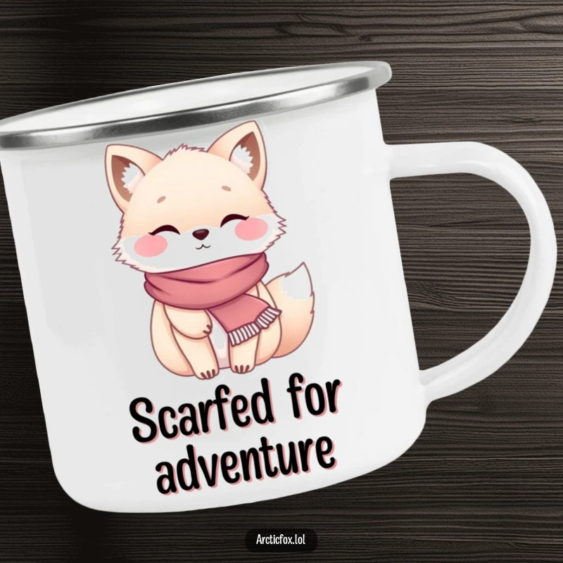 Funny chubby arctic fox wearing a tiny scarf, looking cozy and ready for campfire tales on a camping mug.