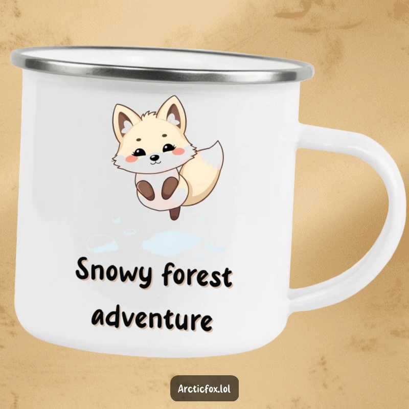 Funny Kawaii Arctic Fox Camping Mug: A durable mug featuring a kawaii arctic fox leaping playfully through fresh snow.