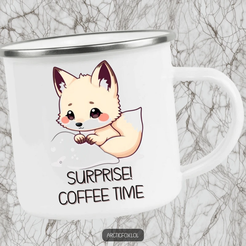 Funny Kawaii Arctic Fox Camping Mug, peeking from snowy drift, ears perked, durable enamel cup, humorous arctic animal design, excellent funny gift