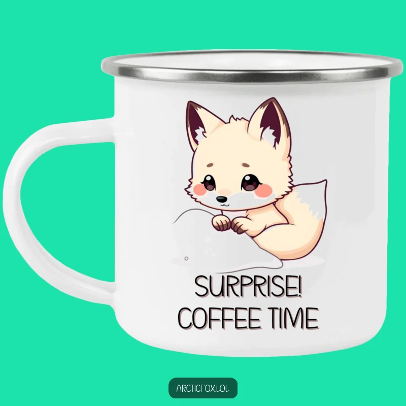 Funny Kawaii Arctic Fox Camping Mug, Snowy Peek Adventure Cup, Humorous Outdoor Gift