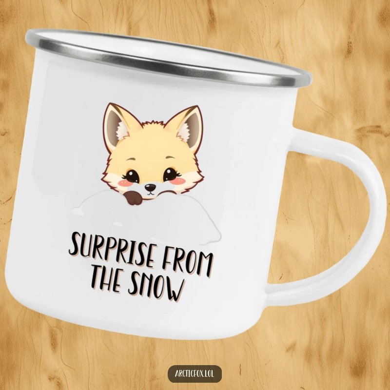 Kawaii Arctic fox curiously peeking from snow, on a durable camping mug, ideal for outdoor charm.