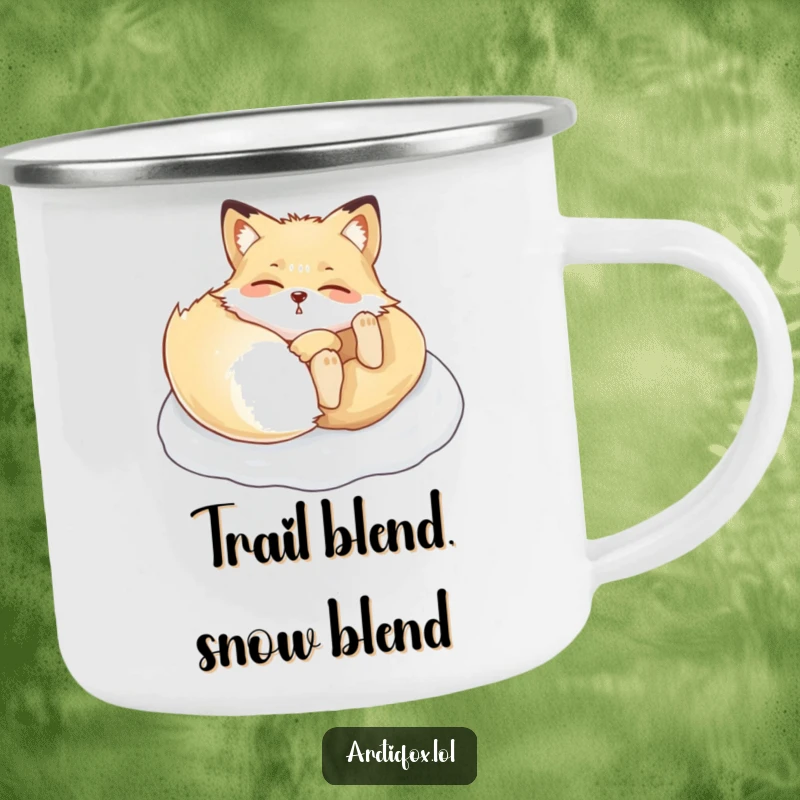 Funny Arctic fox camping mug, showing a happy fox rolling in snow, perfect for outdoor enthusiasts.