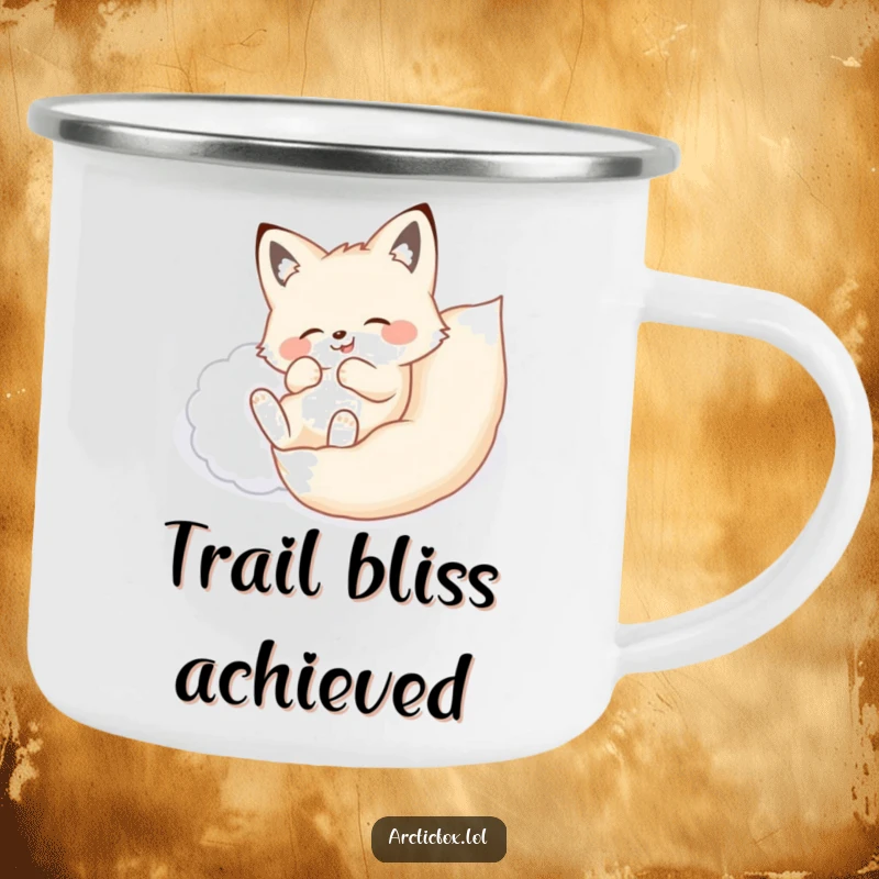 Funny camping mug showing an arctic fox joyfully rolling onto its back in a soft, fluffy drift of snow.