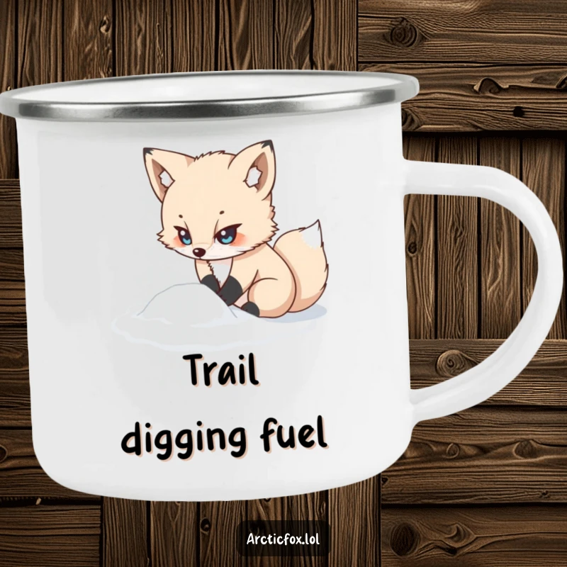 Funny kawaii arctic fox camping mug, looking determined while digging in snow, a rugged and funny gift for adventurers.
