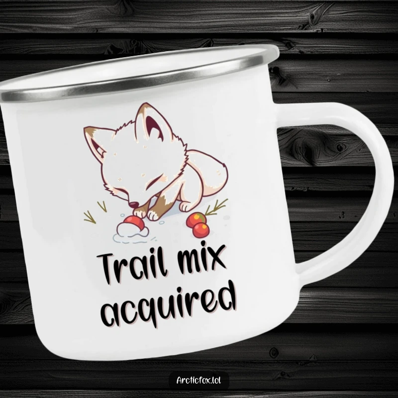 Funny Camping Mug: A determined arctic fox humorously digs in the snow, ready for outdoor adventures and hidden treats.