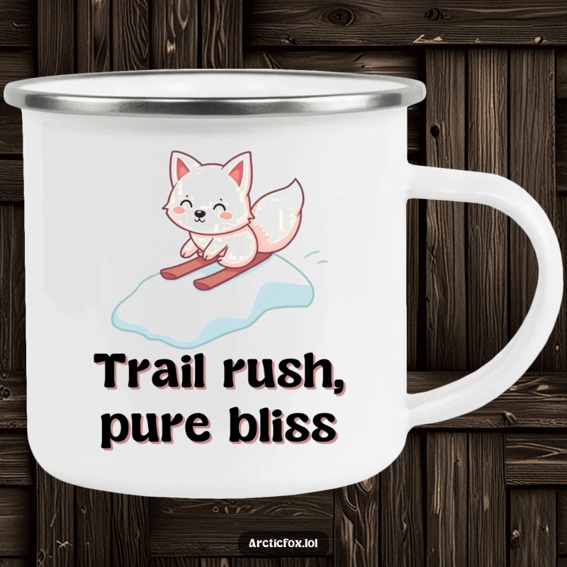 Funny Kawaii Arctic Fox Camping Mug, gleefully sliding down an icy slope, durable enamel cup, humorous arctic animal design, excellent funny gift