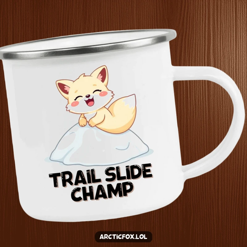 Funny arctic fox camping mug, hilariously sliding and laughing down an icy hill, perfect for outdoor fun.