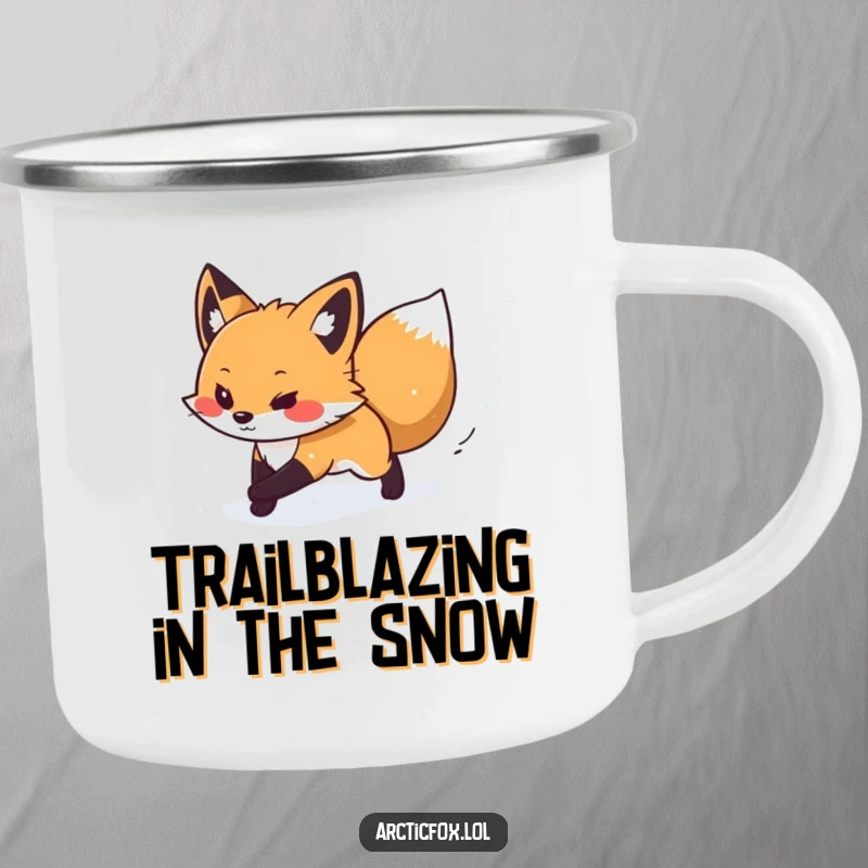 Funny camping mug featuring a determined arctic fox bravely moving through a soft snow flurry, embodying an explorer's spirit.