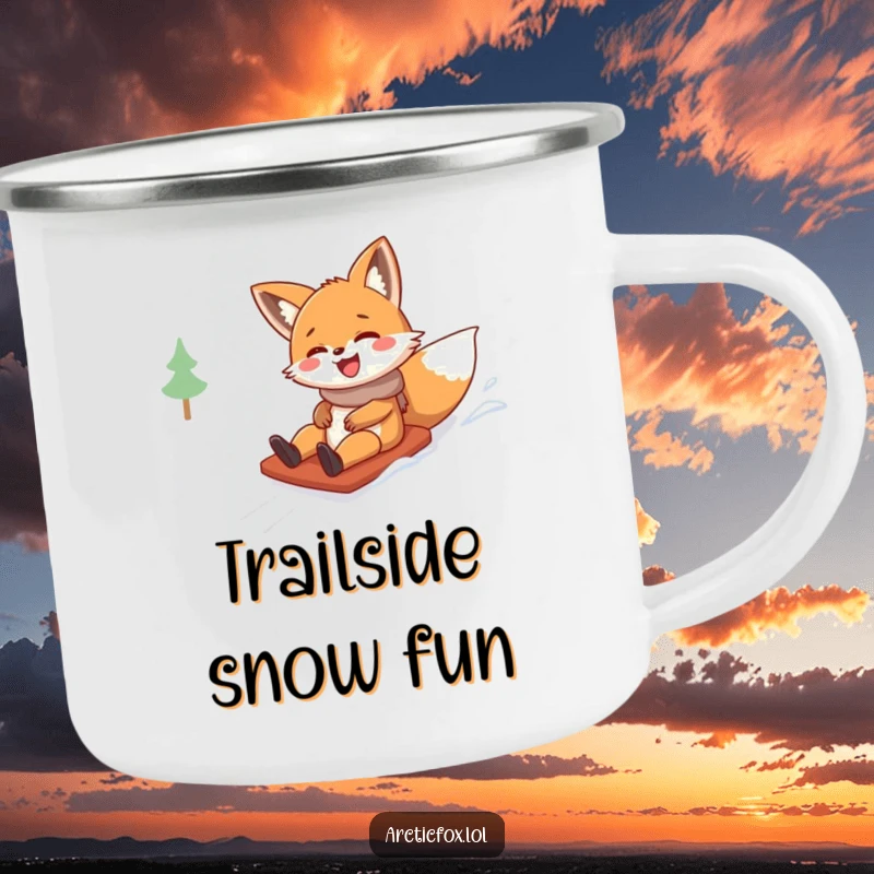 Funny camping mug showcasing a fox character giggling with joy while sliding down a snowy hill during an outdoor adventure.