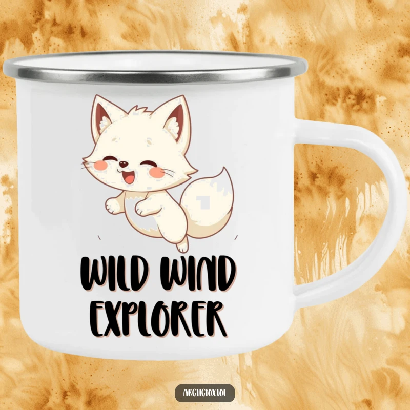 Funny Kawaii arctic fox pouncing on wind, a durable and humorous camping mug for outdoor enthusiasts.