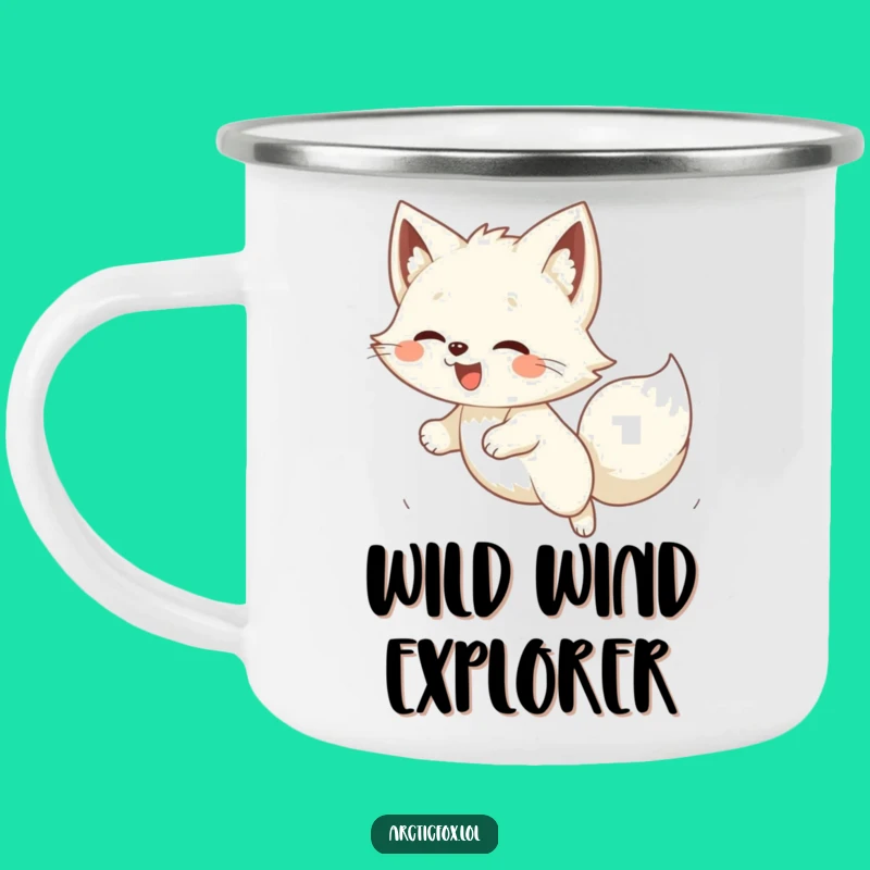Funny Kawaii Arctic Fox Pouncing Camping Mug: Adventure-Ready Humor!
