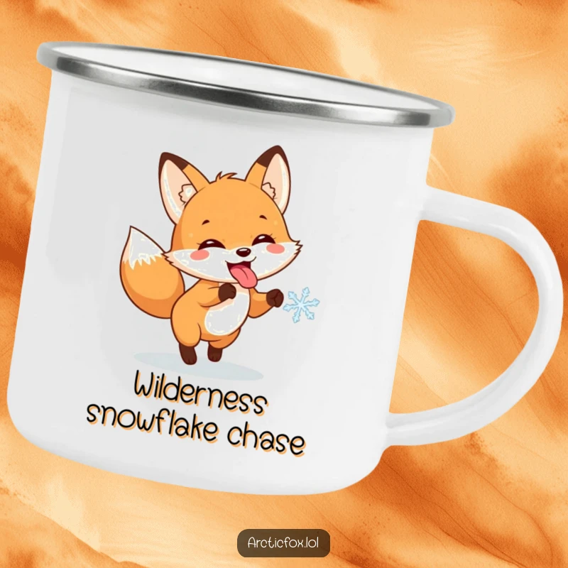 Funny camping mug showcasing a fox with its tongue out, joyfully chasing a snowflake during a winter outdoor adventure.