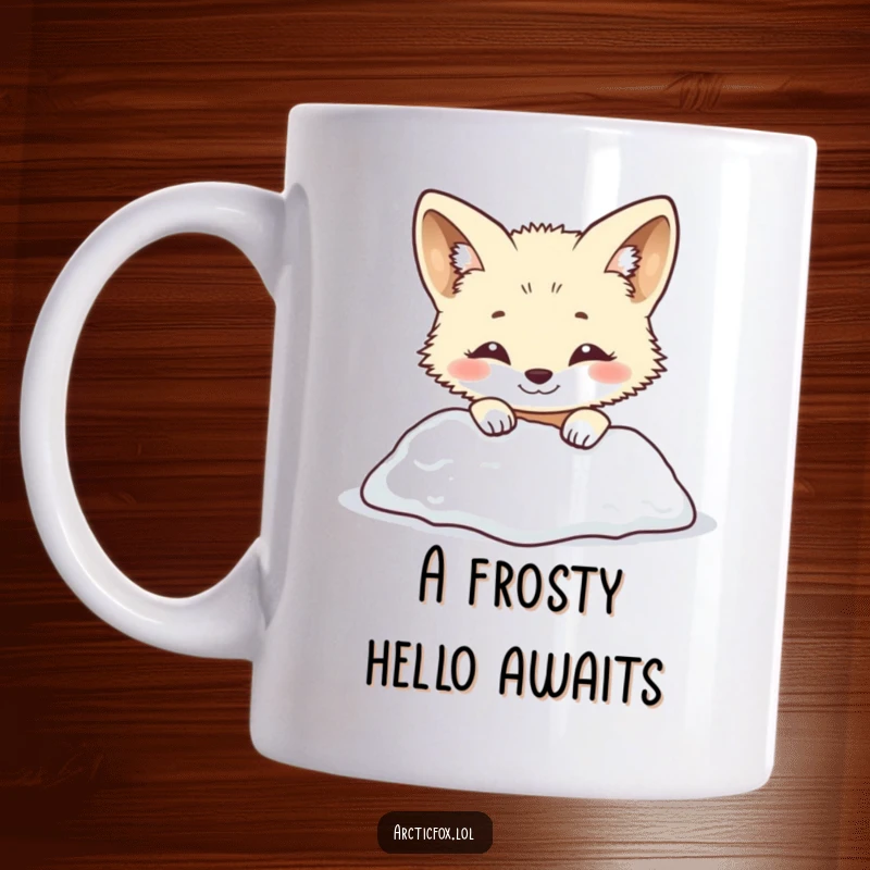 Funny arctic fox mug with a smiling creature playfully peeking from behind a snowy mound. Adorable and humorous winter animal design, great funny gift.