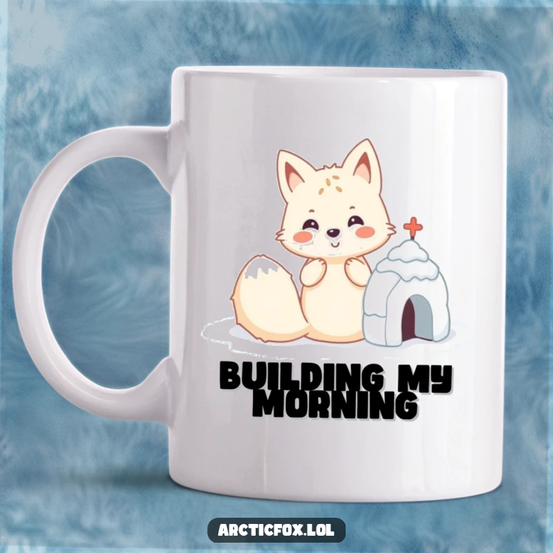Funny Kawaii arctic fox cheerfully building a small snow fort, a humorous and creative mug design.