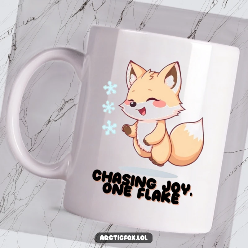 Funny Kawaii Arctic Fox Mug, joyfully chasing a swirling snowflake, adorable arctic animal humor, perfect quirky gift idea