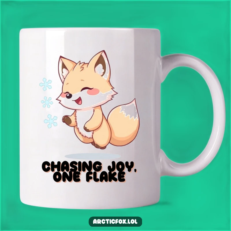 Funny Kawaii Arctic Fox Mug, Joyful Snowflake Chase, Perfect Humorous Gift for Animal Lovers
