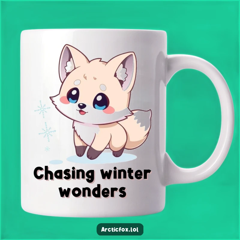 Funny Arctic Fox Snowflake Chase Mug: Exciting Winter Fun, Perfect Cute Gift