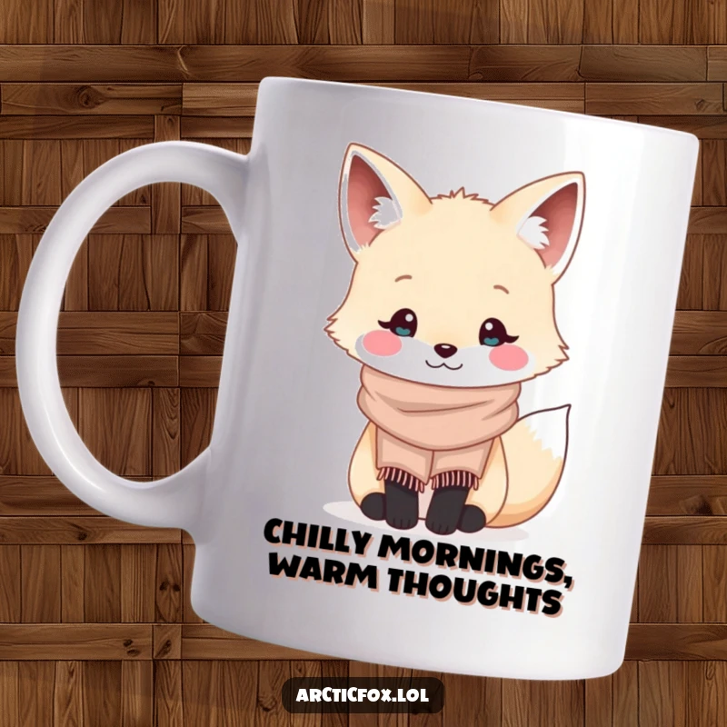 Funny kawaii arctic fox wearing a tiny cozy scarf and smiling warmly, holding a hot beverage on a mug.