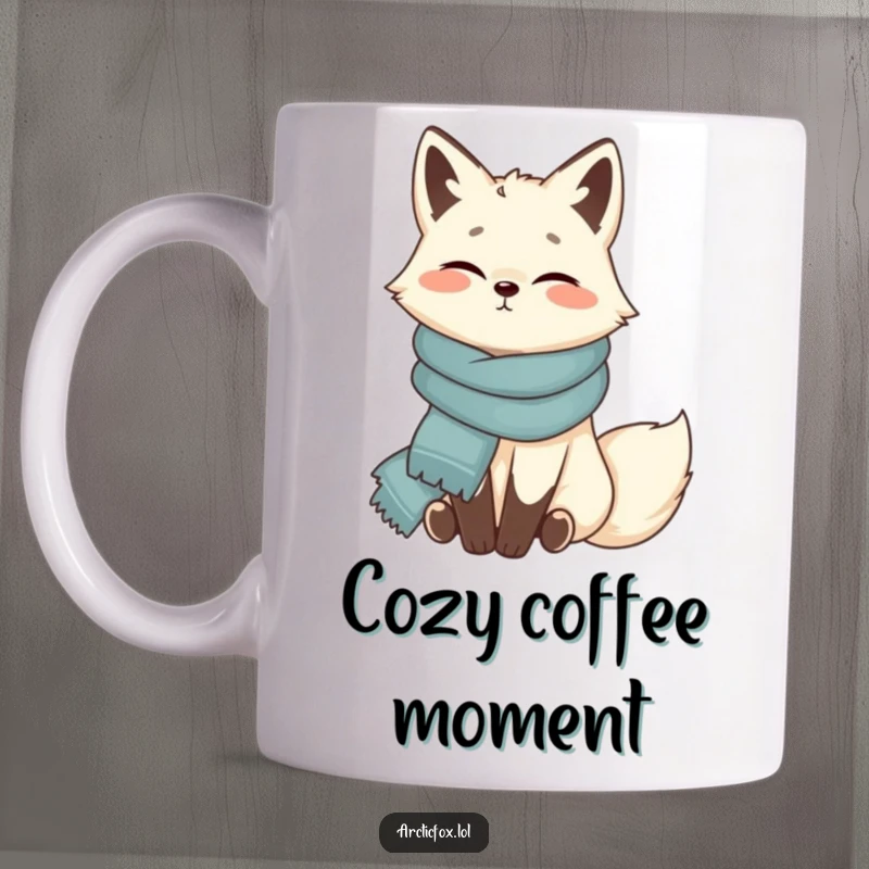 Funny Arctic fox mug, contentedly wrapped in scarf, cozy and warm, conveying comfort and peace, a perfect funny gift.