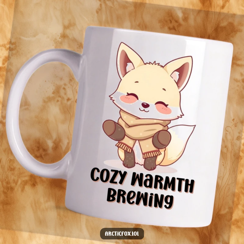 Funny Giggling Fox Mug: Adorable arctic fox wearing scarf and mittens, wiggling ears with delight, a heartwarming funny gift.