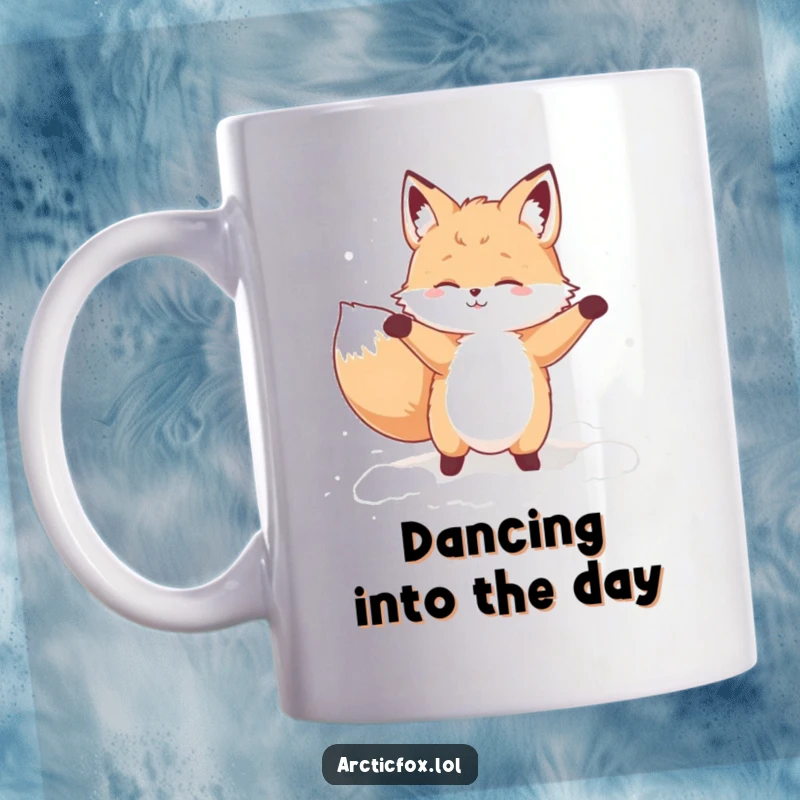 Funny mug showing a fluffy fox character performing a hilarious, silly dance with abandon in a soft pile of snow.