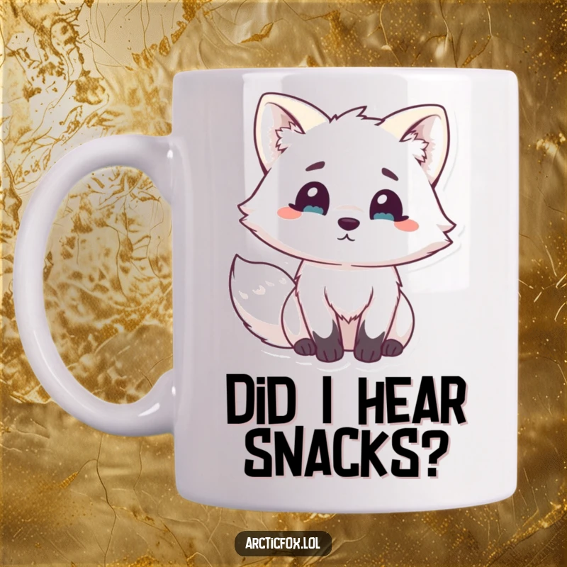 Funny Kawaii Arctic Fox Mug: Adorable white fox with wide eyes and perked ears, looking hilariously surprised and curious.