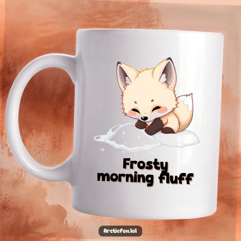 Funny adorable arctic fox mug, captured mid-dig in soft white powder, embodying pure playful joy and wintery fun.