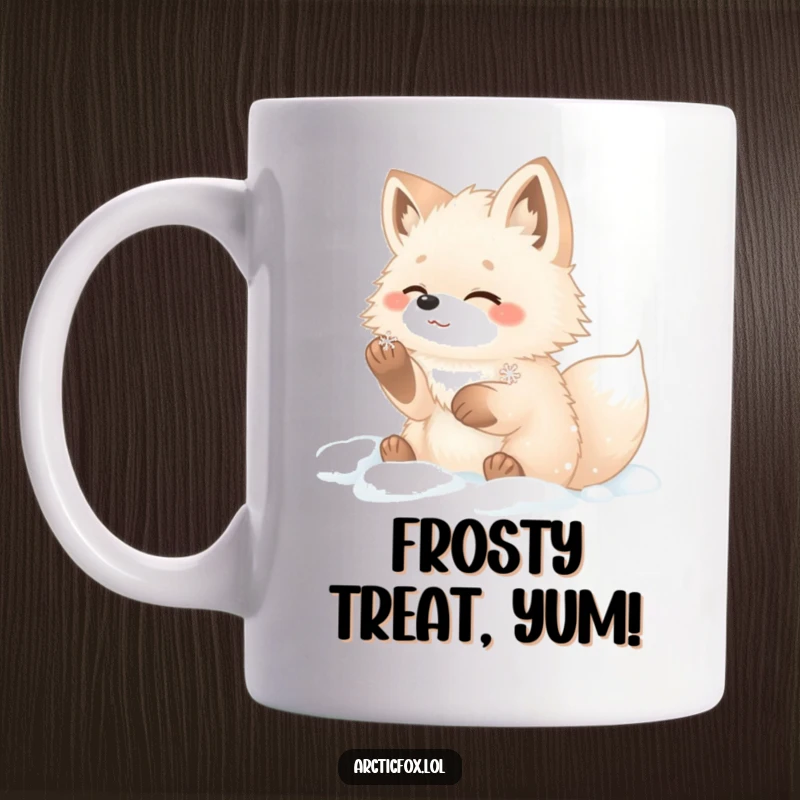 Funny arctic fox mug shows a fluffy fox with paws in snow, gleefully catching a snowflake.