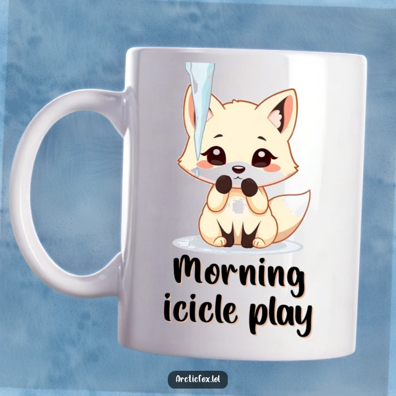 Funny arctic fox playfully batting at a dangling icicle with its paw, looking mischievous.