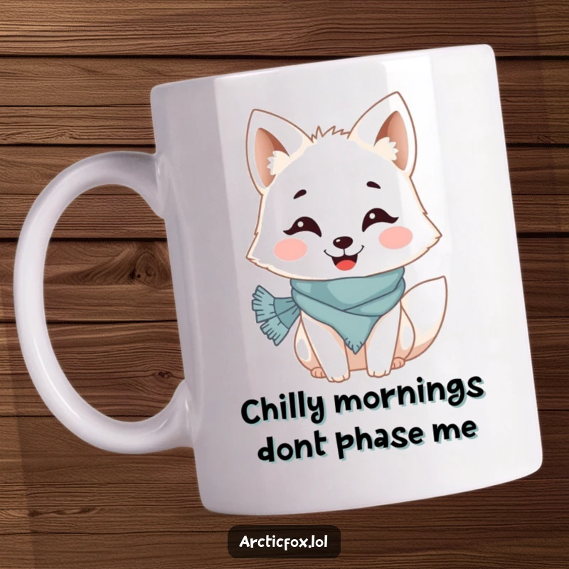 Funny mug featuring a cute Arctic fox with a wide, happy grin and a small, colorful scarf wrapped around its neck, looking absolutely delightful.