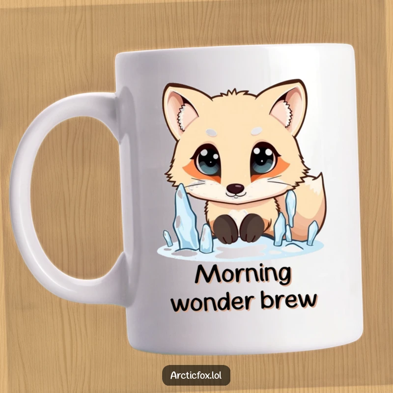 Funny Arctic fox mug, wide curious eyes, looking at falling icicles, capturing wonder and fascination, a perfect funny gift.