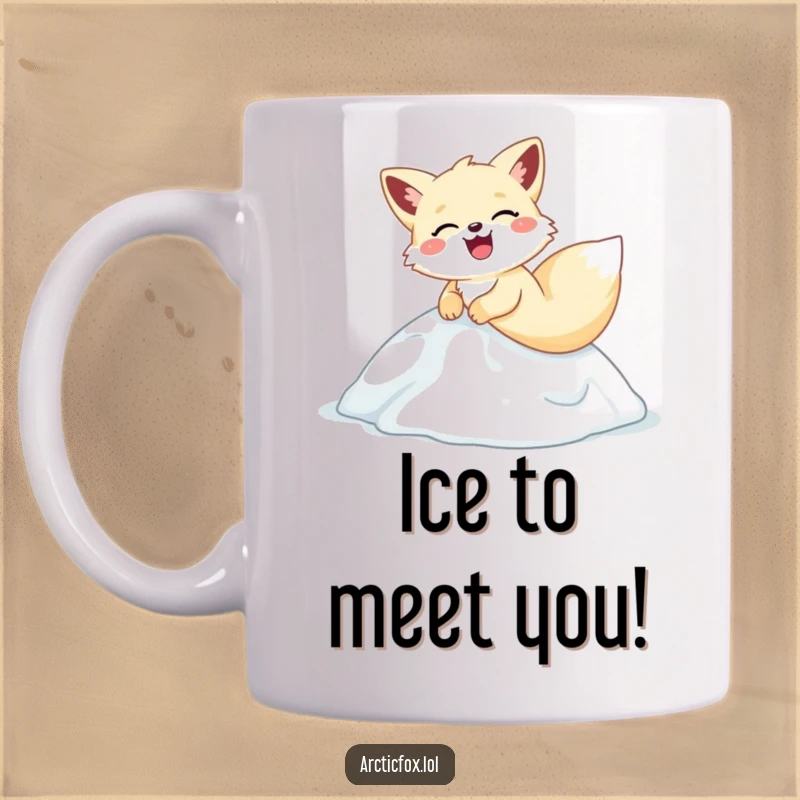 Funny arctic fox mug, captured mid-slide and laughing joyfully down a small icy hill, radiating pure fun.